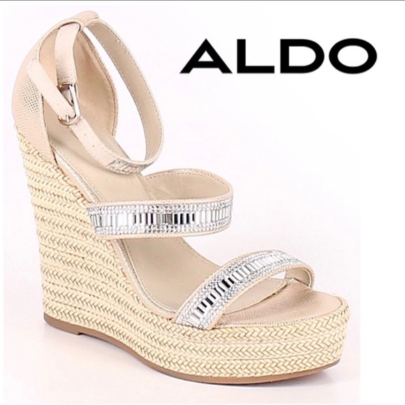 Aldo Shoes - ALDO Embellished Espadrille Silver Wedges In Nude
